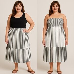 B2546- TS Convertible Smocked Skirt Dress Riviera Stripe Silver 3X (24W–26W) NWT